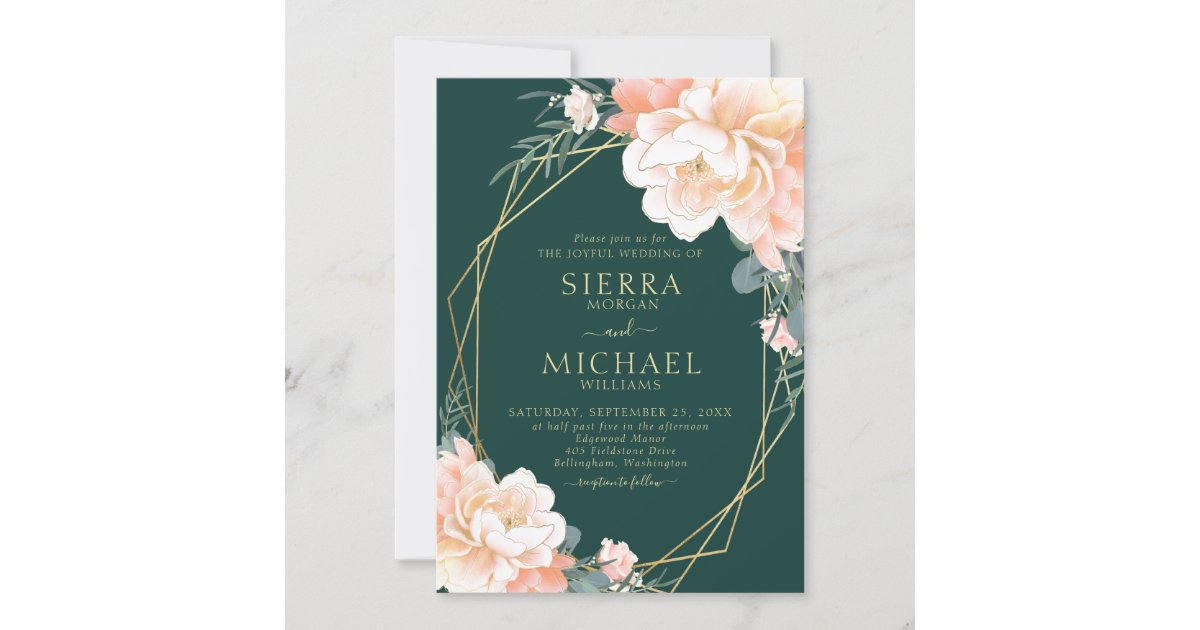 Emerald Green Blush Gold Peach Floral Wedding Invitation Zazzle