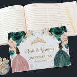 Emerald Green Blush Pink Floral Twins Quinceañera Guest Book<br><div class="desc">Cherish your special day for the years to come with a customized guest book. Featuring a quince girl in emerald green gown and another quince girl in a blush pink gown, pretty emerald green and blush pink flowers and emerald and pink butterflies. Personalize it with your details easily and quickly,...</div>