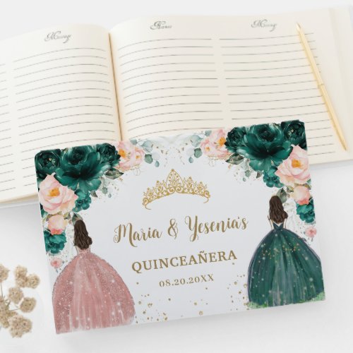 Emerald Green Blush Pink Floral Twins Quinceaera Guest Book