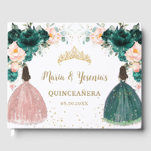 Emerald Green Blush Pink Floral Twins Quinceañera Guest Book