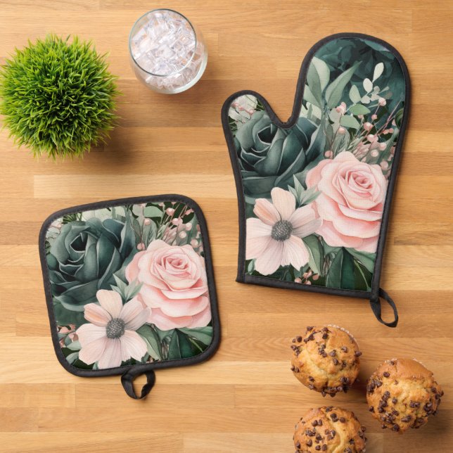 Emerald Green Blush Pink Florals Oven Mitt & Pot Holder Set (Top Down)