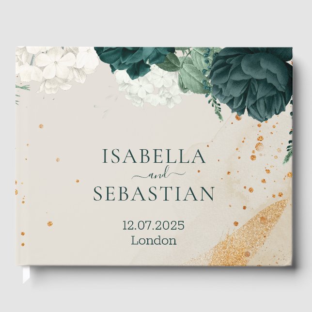 Emerald Green Blush Rose Floral Wedding Guest Book (Front)