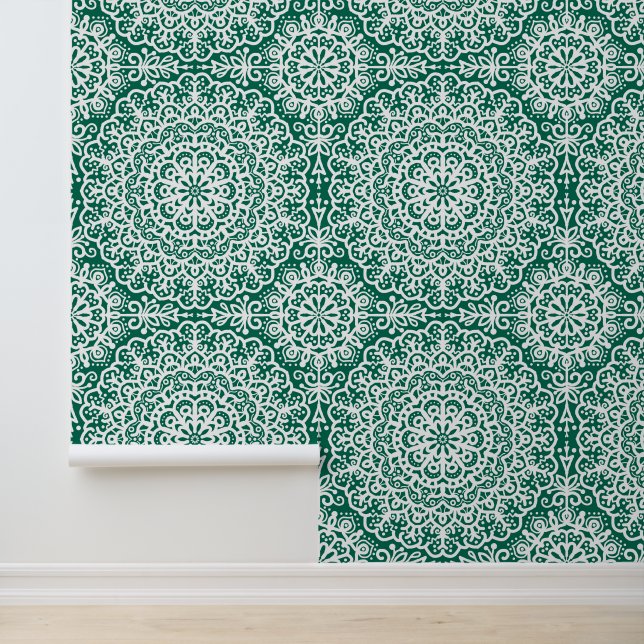 Emerald Green Bohemian Mandala White Lace Wallpaper (Application)