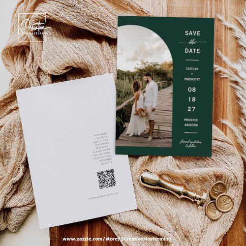 Emerald Green Boho Arc Photo QR Code Save the Date Invitation