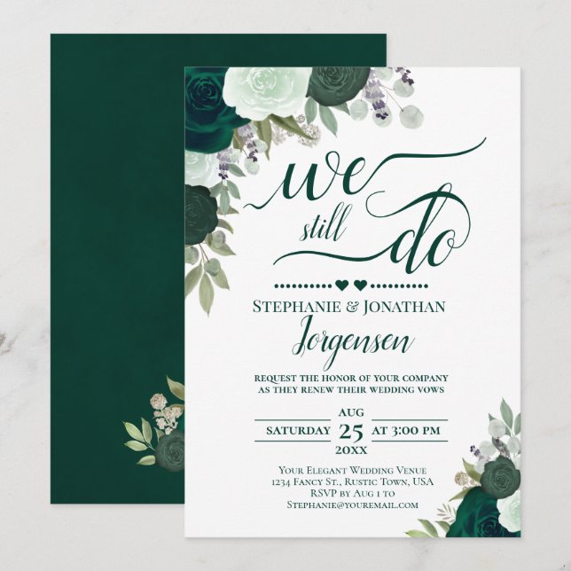 Emerald Green Boho Floral We Still Do Vow Renewal Invitation (Front/Back)