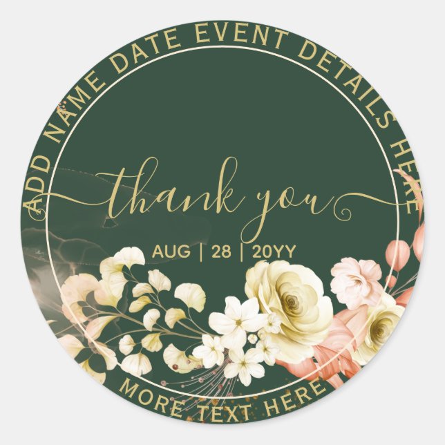 Emerald Green Boho Floral Wedding Classic Round Sticker (Front)