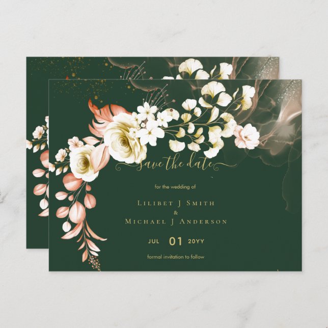 Emerald Green Boho Floral Wedding Postcard (Front/Back)
