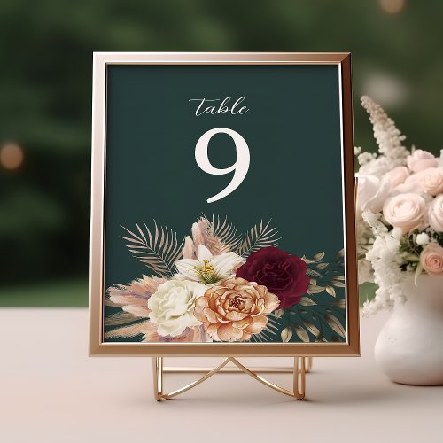 Emerald Green Boho Floral Wedding Table Number