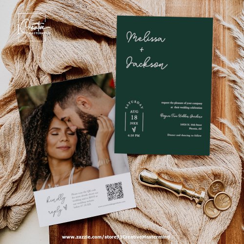 Emerald Green Boho Minimal Wedding QR Code Photo   Invitation
