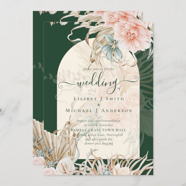 Emerald Green BOHO Peach Pampas Grass Wedding Invitation (Front/Back)