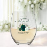 Emerald Green Boho Roses Bridesmaid Maid of Honor Stemless Wine Glass<br><div class="desc">This set is the perfect choice for thanking the bridesmaids and maid of honor at your wedding. The beautiful boho chic design features a cluster of hand painted watercolor roses in shades of emerald green and mint, along with eucalyptus sprigs and garden greenery. Her name & title appears in elegant...</div>