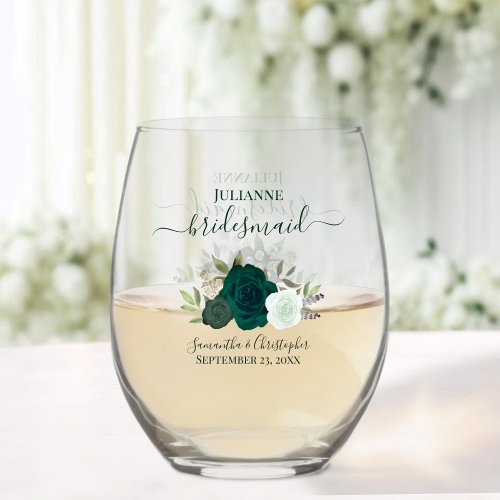 Emerald Green Boho Roses Bridesmaid Maid of Honor Stemless Wine Glass
