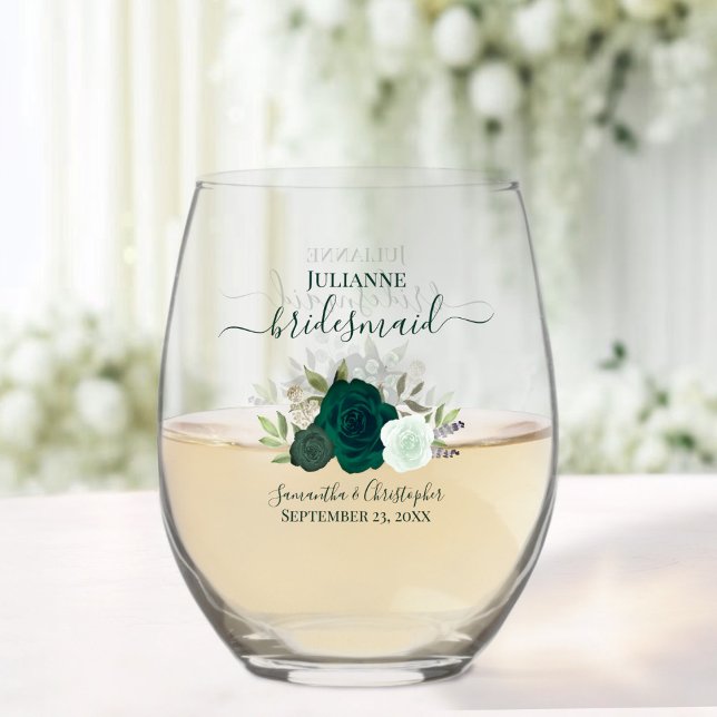 Emerald Green Boho Roses Bridesmaid Maid of Honor Stemless Wine Glass (Sold individually or in sets)