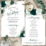 Emerald Green Boho Roses Budget Wedding Program<br><div class="desc">These wedding programs are elegant and tasteful, while still being budget friendly. The design features a bevy of hand painted watercolor roses in shades of emerald and sage green, surrounded by eucalyptus leaves and garden foliage. The typography features lacy script calligraphy, and there is room for details on the ceremony,...</div>