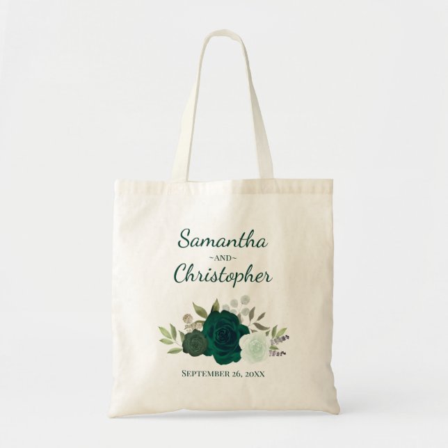 Emerald Green Boho Roses Couple's Names Wedding  Tote Bag (Front)