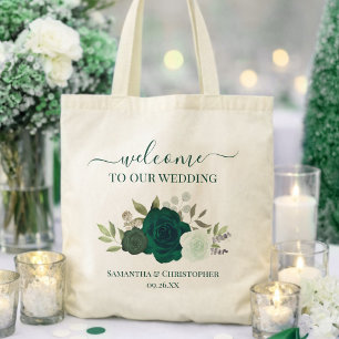 Emerald Green Boho Roses Elegant Wedding Welcome Tote Bag