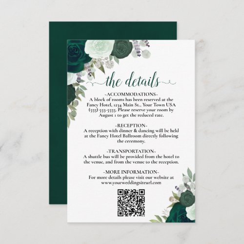 Emerald Green Boho Roses Wedding Details QR Code Enclosure Card
