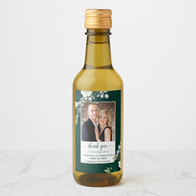 Emerald Green Boho Roses Wedding Thank You Mini Wine Label (Front)