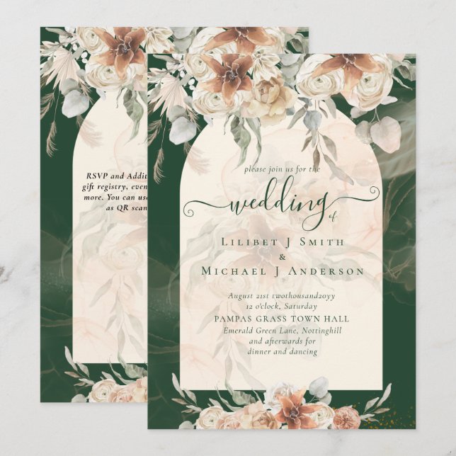 Emerald Green BOHO Terracotta Floral Wedding Invitation (Front/Back)