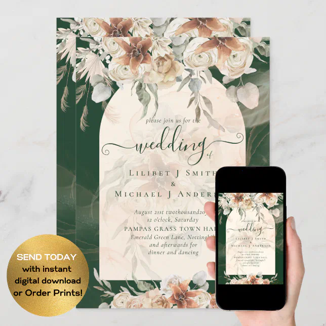 Emerald Green BOHO Terracotta Floral Wedding Invitation | Zazzle