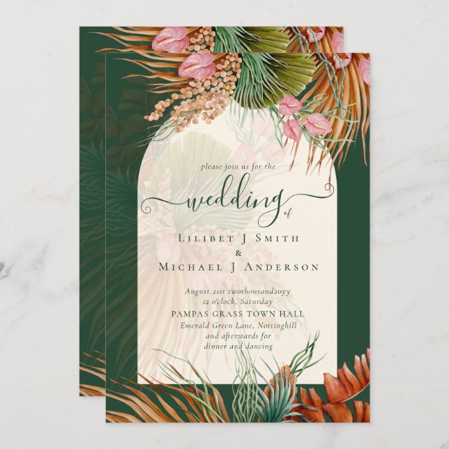 Emerald Green Boho Tropical Pampas Grass Wedding Invitation (Front/Back)