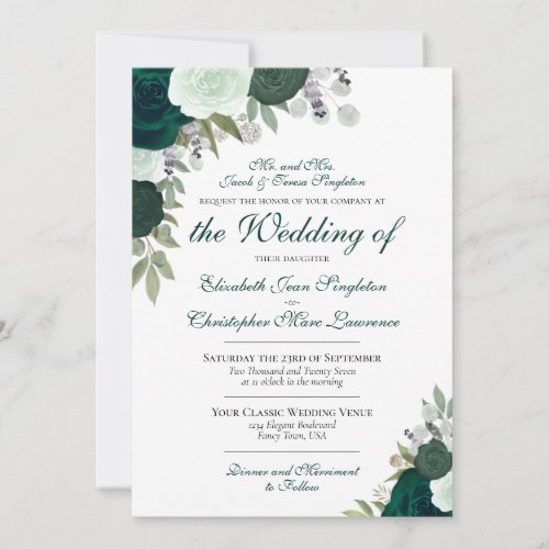 Emerald Green Boho Watercolor Roses Formal Wedding Invitation