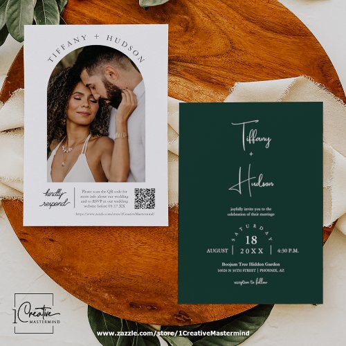 Emerald Green Boho Wedding Arch Photo QR Code Invitation