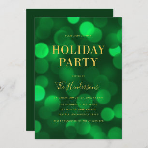 Emerald Green Bokeh Lights Faux Gold Holiday Party Invitation