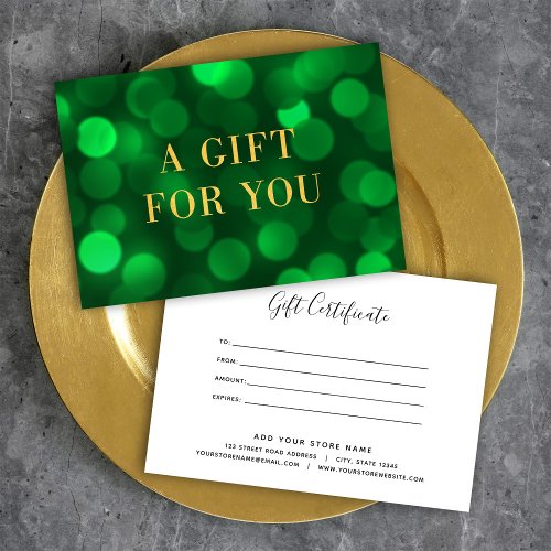 Emerald Green Bokeh Lights Gold Gift Certificate