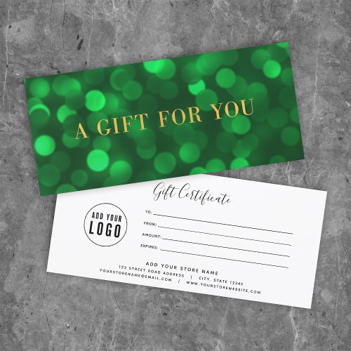 Emerald Green Bokeh Lights Gold Gift Certificate