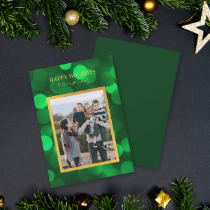Emerald Green Bokeh Lights Gold Happy Holidays Holiday Card