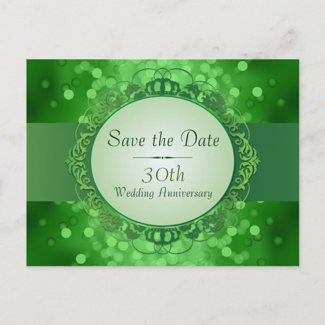 Emerald Green Bokeh Save the Date 30th Anniversary Announcement Postcard (Front)
