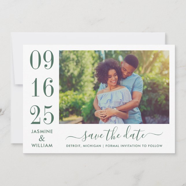 Emerald Green Bold Date Numeral Photo Wedding Save The Date (Front)