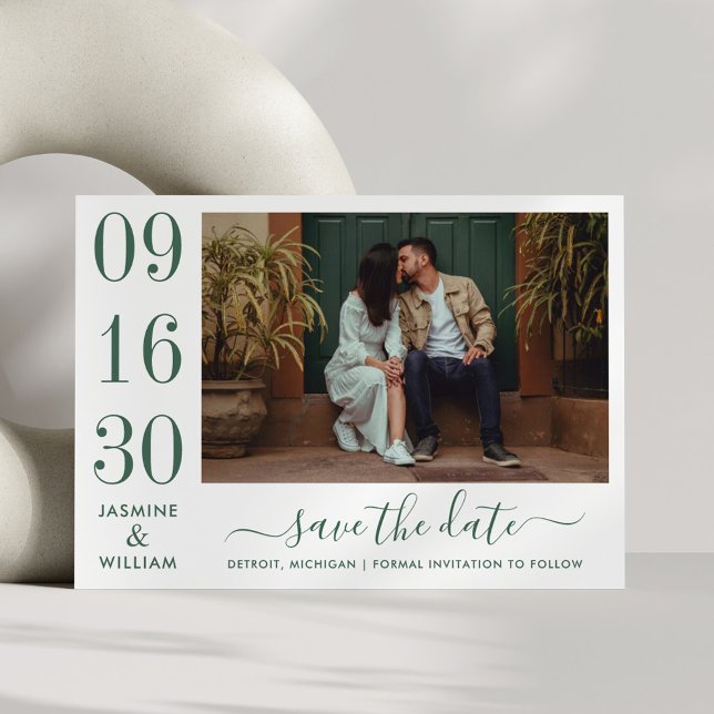 Emerald Green Bold Date Numeral Photo Wedding Save The Date (Creator Uploaded)