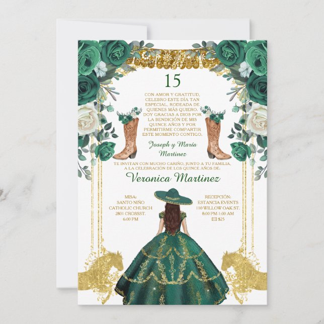 Emerald Green Boots Spanish Gold 15 Años Birthday Invitation (Front)