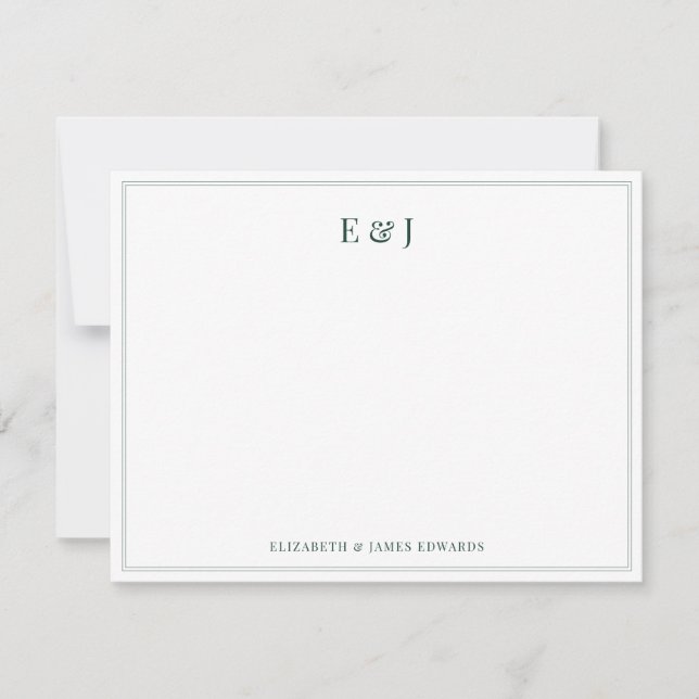 Emerald Green Border Elegant Couple Initials Note Card (Front)