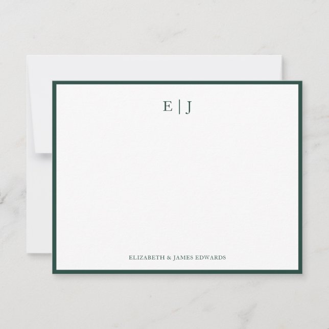 Emerald Green Border Simple Couple Monogram Note Card (Front)