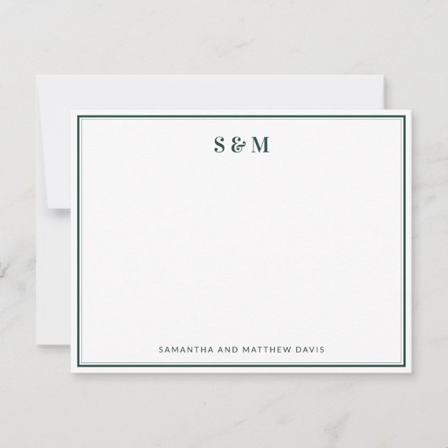 Emerald Green Border Simple Elegant Monogram Note Card (Front)