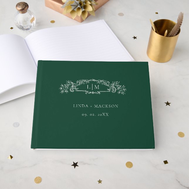Emerald Green botanical crest monogram wedding Guest Book (Front Open)