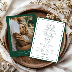 Emerald Green botanical crest monogram wedding Invitation