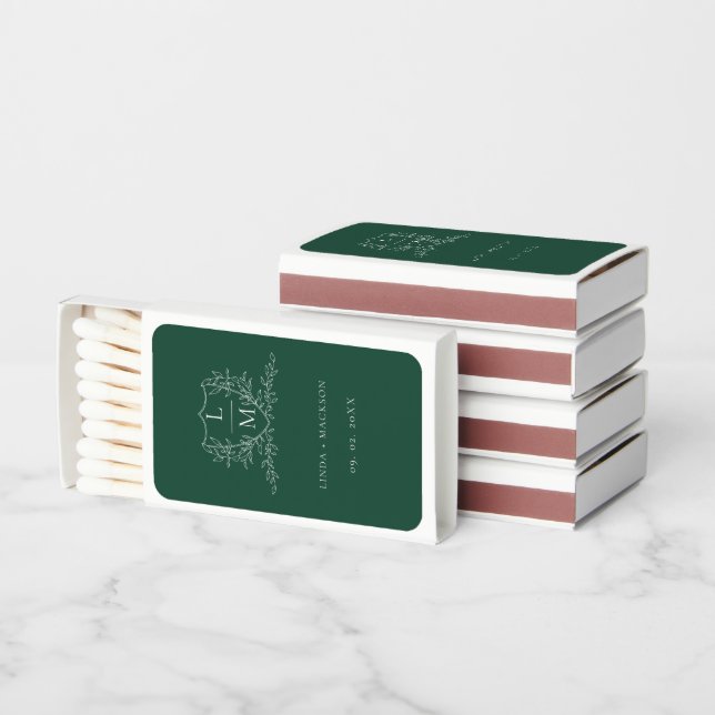 Emerald Green botanical crest monogram wedding Matchboxes (Stacked)