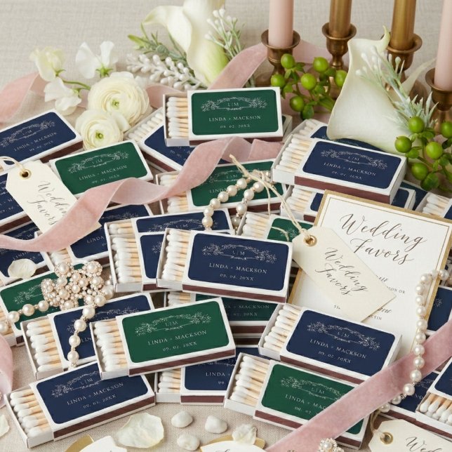 Emerald Green botanical crest monogram wedding Matchboxes (Creator Uploaded)