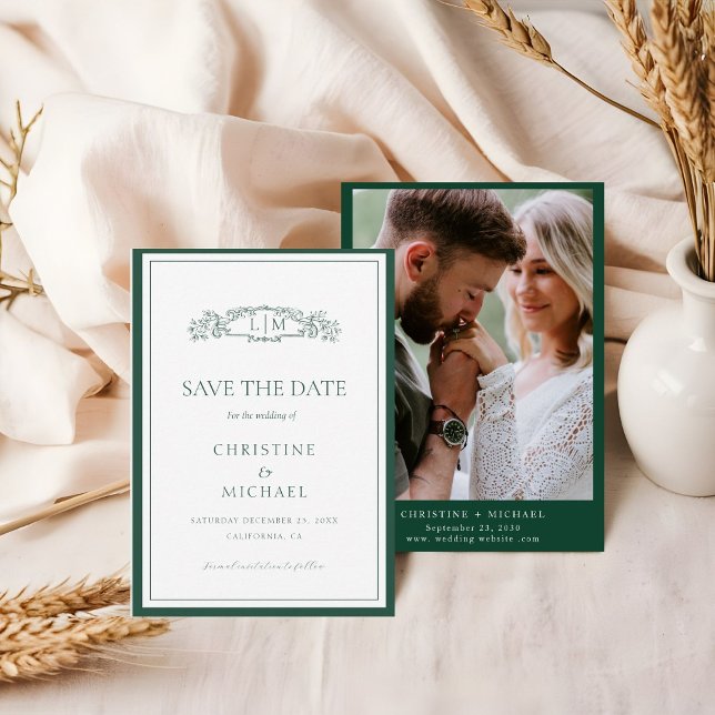 Emerald Green  botanical crest monogram wedding Save The Date (Creator Uploaded)