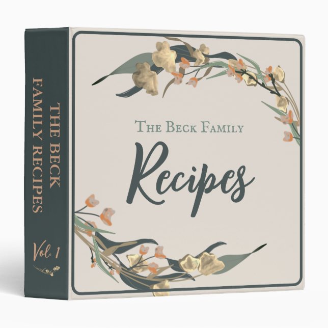 Emerald Green Botanical Farmhouse Family Recipe 3 Ring Binder (Front/Spine)