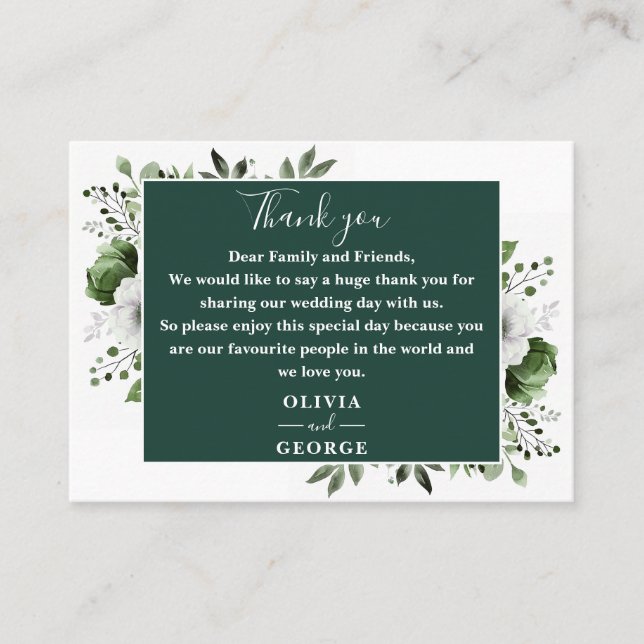 Emerald Green Botanical Floral Wedding Thank You Place Card (Front)