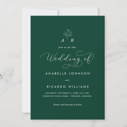 Emerald Green Botanical Monogram QR Code Wedding Invitation