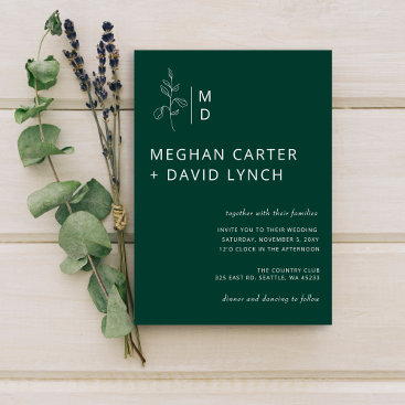 Emerald Green Botanical Monogram Wedding  Invitation