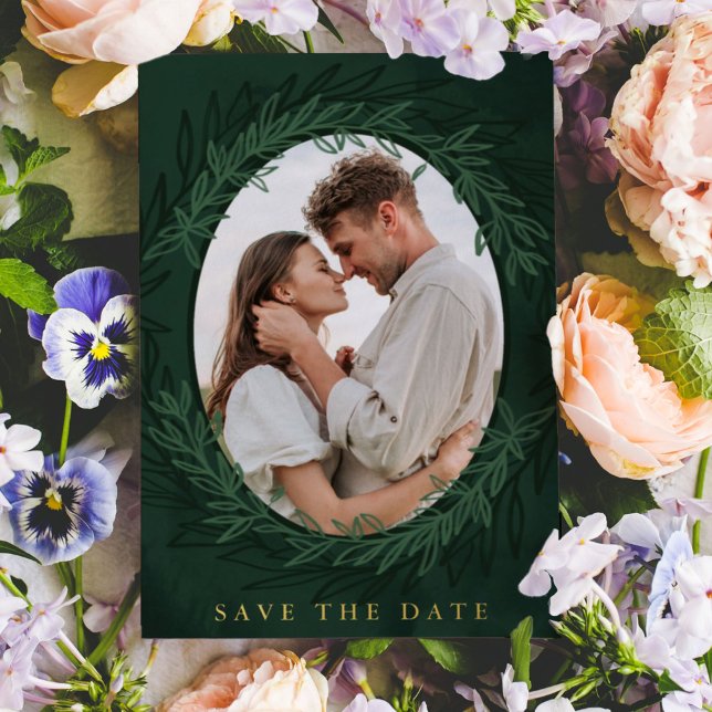 Emerald Green Botanical Photo Save the Date Foil Invitation (Dramatic emerald green botanical wreath photo wedding Save the Date.)
