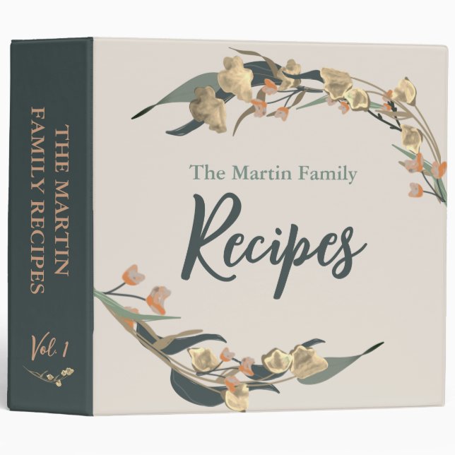 Emerald Green Botanical Watercolor Family Recipe 3 Ring Binder (Front/Spine)