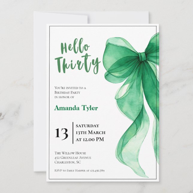 Emerald Green Bow 30th Birthday Invitation (Front)